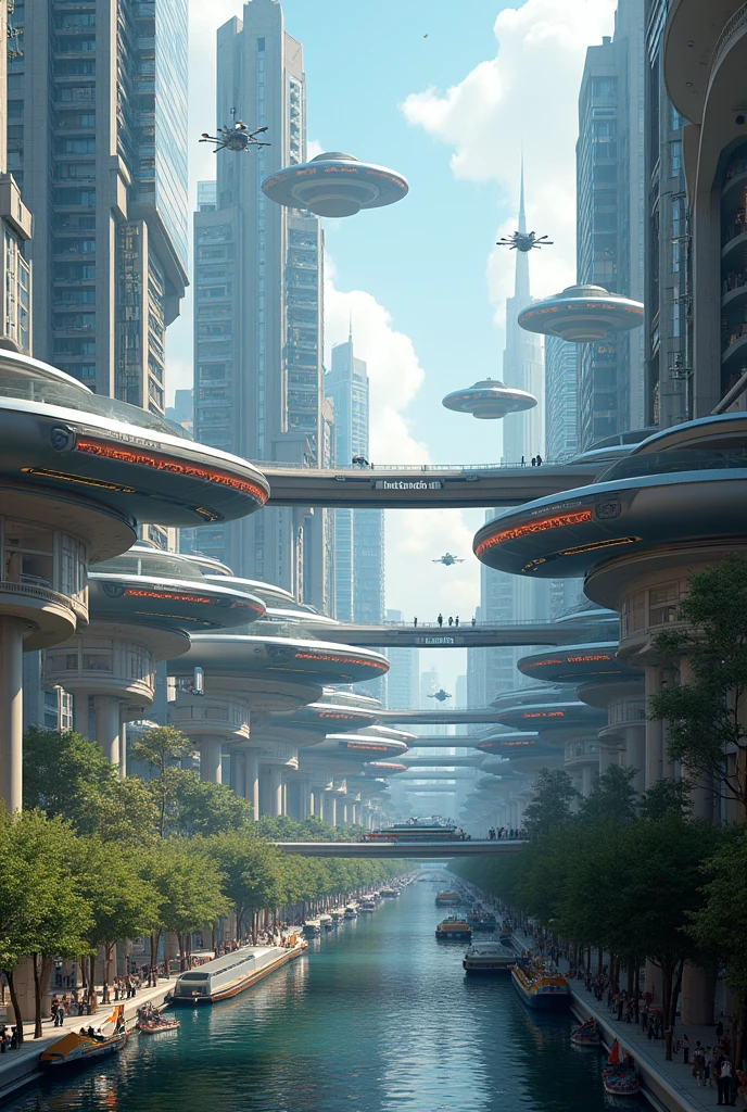 Create a futuristic city model with 3 transports , water, sea and land