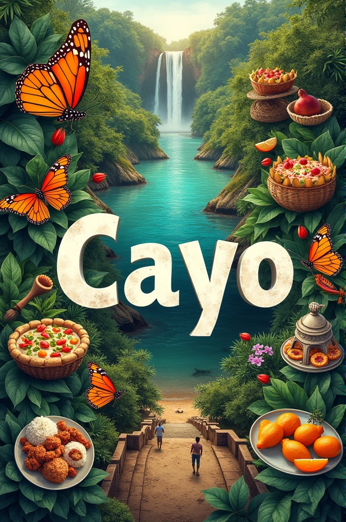 Generate images of Cayo Belize like food, Oxmul Coffee, Butterfly Farms, Poustina Land Art Park, 1,000 Foot Fall, Xunantunich put the name Cayo in the middle of the collage 