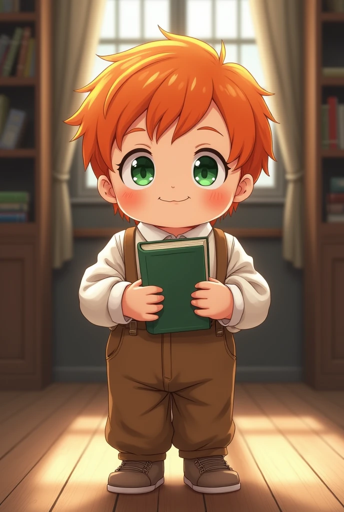 Child, small, in a white shirt and brown pants with brown suspenders, green eyes, holding books in hand, chubby, orange hair, anime art, masterpiece, professional quality, over-detailed, realistic
