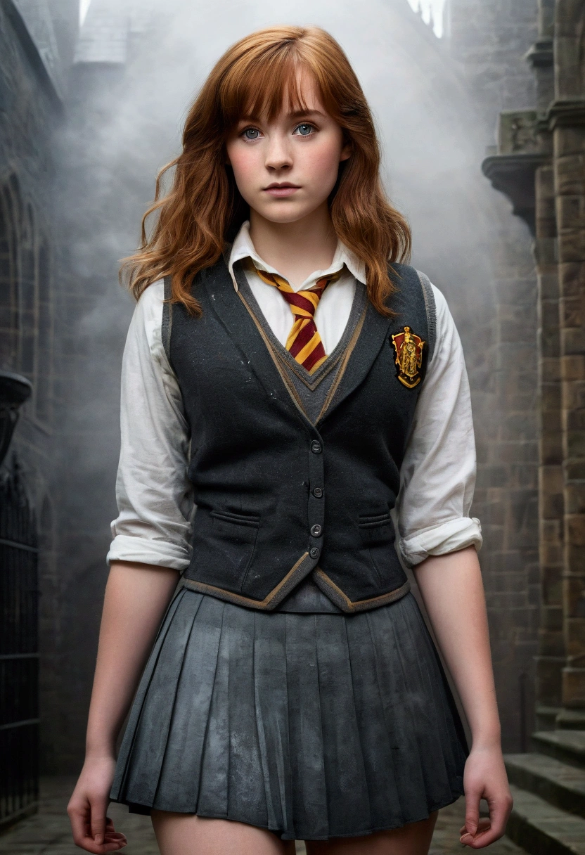 An illustrated movie poster, hand-drawn, full color, a teenage Hogwarts student, 18-years-old, female, wearing a charcoal vest and a pleated skirt, athletic hourglass figure, full wide hips, massive round butt, long shapely legs, ridiculously thick powerful thighs, vibrant eyes, deep dark auburn hair, thick shaggy bangs, flushed sun-kissed complexion, freckles, resembles Genevieve O'Reilly, standing in a foggy Hogwarts courtyard, surrounded by mist, graphite shading, stencil marks, airbrushed acrylic paint, masterpiece, close-up shot, in the style of the Deathly Hallows