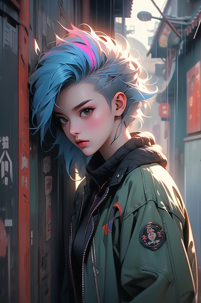 1girl, Chinese, punk,cyberpunk, rain city, china town, leather jacket, rainbow color hair, leaning against a wall, athletic