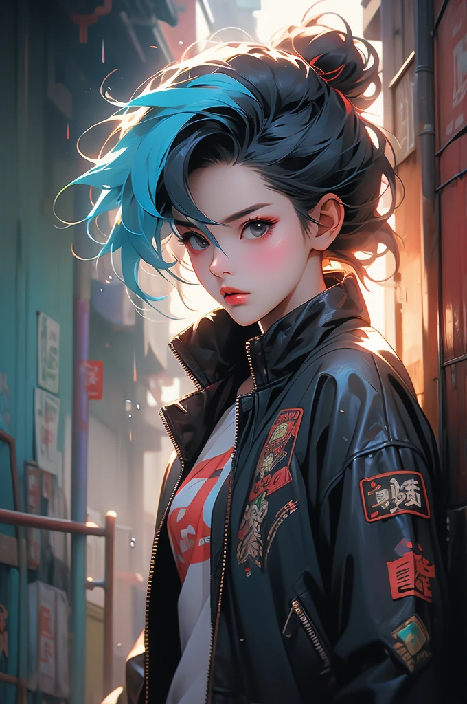 1girl, Chinese, punk,cyberpunk, rain city, china town, leather jacket, rainbow color hair, leaning against a wall, athletic