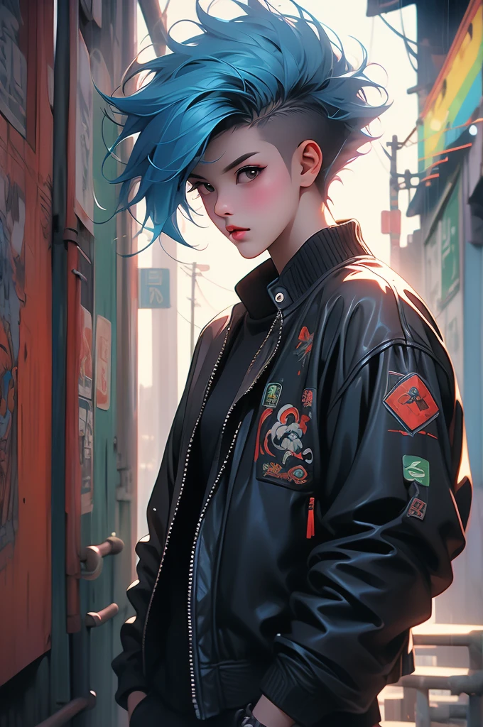 1girl, Chinese, punk,cyberpunk, rain city, china town, leather jacket, rainbow color hair, leaning against a wall, athletic