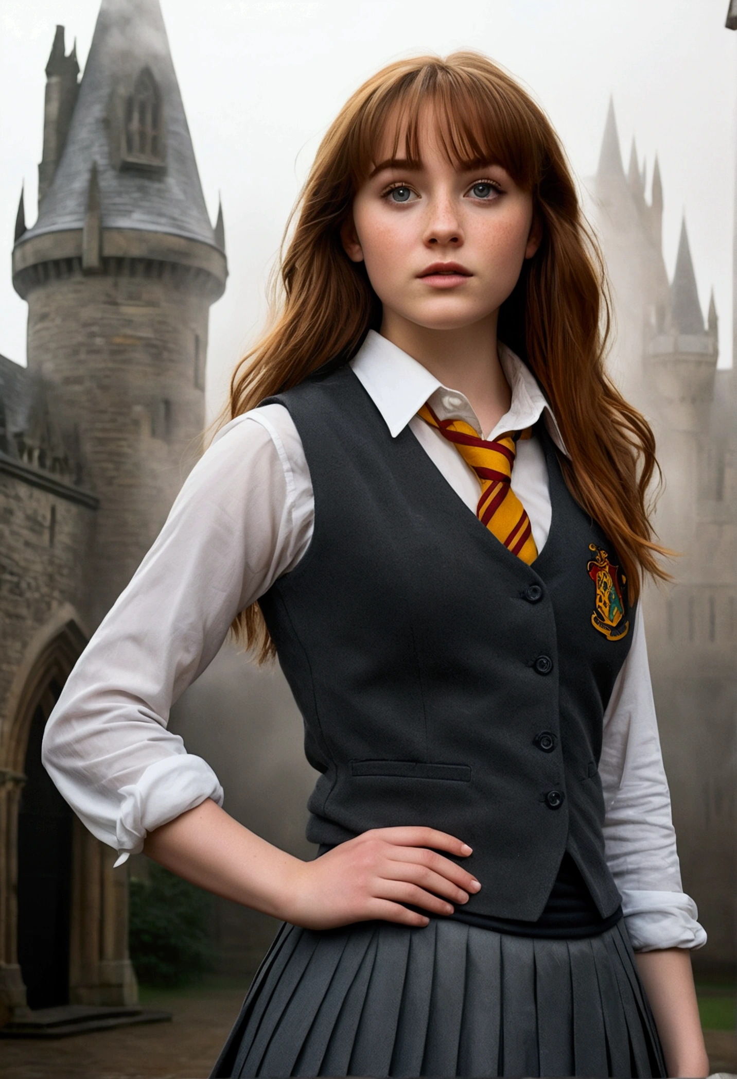 An illustrated movie poster, hand-drawn, full color, a age Hogwarts student, 18-years-old, female, wearing a charcoal vest and a pleated skirt, athletic hourglass figure, full wide hips, massive round butt, long shapely legs, ridiculously thick powerful thighs, vibrant eyes, deep dark auburn hair, thick shaggy bangs, flushed sun-kissed complexion, freckles, resembles Genevieve O'Reilly, standing in a foggy Hogwarts courtyard, surrounded by mist, graphite shading, stencil marks, airbrushed acrylic paint, masterpiece, close-up shot, in the style of the Deathly Hallows
