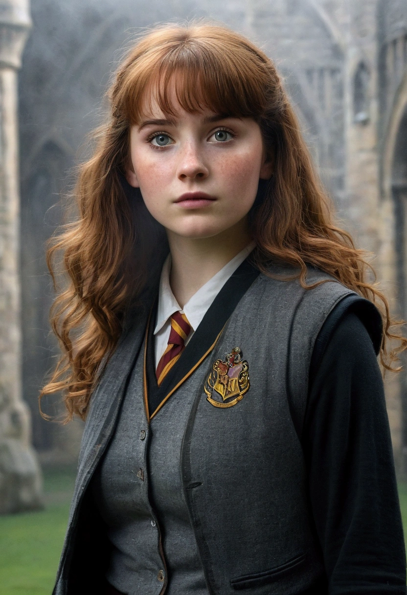 An illustrated movie poster, hand-drawn, full color, a teenage Hogwarts student, 18-years-old, female, wearing a charcoal vest and a pleated skirt, athletic hourglass figure, full wide hips, massive round butt, long shapely legs, ridiculously thick powerful thighs, vibrant eyes, deep dark auburn hair, thick shaggy bangs, flushed sun-kissed complexion, freckles, resembles Genevieve O'Reilly, standing in a foggy Hogwarts courtyard, surrounded by mist, graphite shading, stencil marks, airbrushed acrylic paint, masterpiece, close-up shot, in the style of the Deathly Hallows