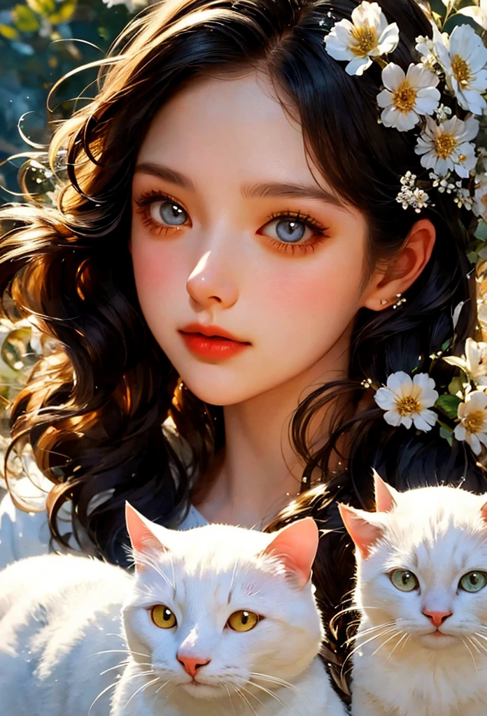 a young girl with a white cat, flowers, close-up looking at viewer, peaceful, high resolution, silhouette, three-dimensional texture, very detailed, oil painting style, portrait, beautiful detailed eyes, beautiful detailed lips, extremely detailed face, long eyelashes, natural lighting, vibrant colors, cinematic composition, dreamlike, ethereal, delicate, soft edges, masterpiece