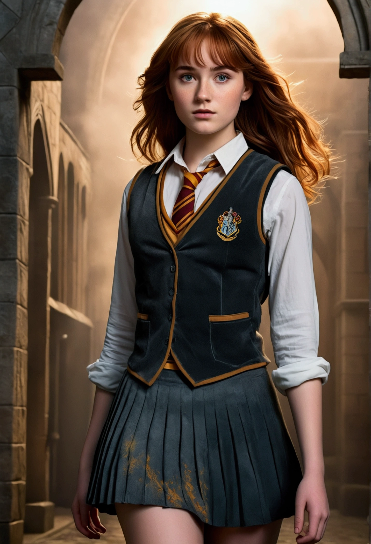An illustrated movie poster, hand-drawn, full color, a teenage Hogwarts student, 18-years-old, female, wearing a charcoal vest and a pleated skirt, athletic hourglass figure, full wide hips, massive round butt, long shapely legs, ridiculously thick powerful thighs, vibrant eyes, deep dark auburn hair, thick shaggy bangs, flushed sun-kissed complexion, freckles, resembles Genevieve O'Reilly, standing in a foggy Hogwarts courtyard, surrounded by mist, graphite shading, stencil marks, airbrushed acrylic paint, masterpiece, close-up shot, in the style of the Deathly Hallows 