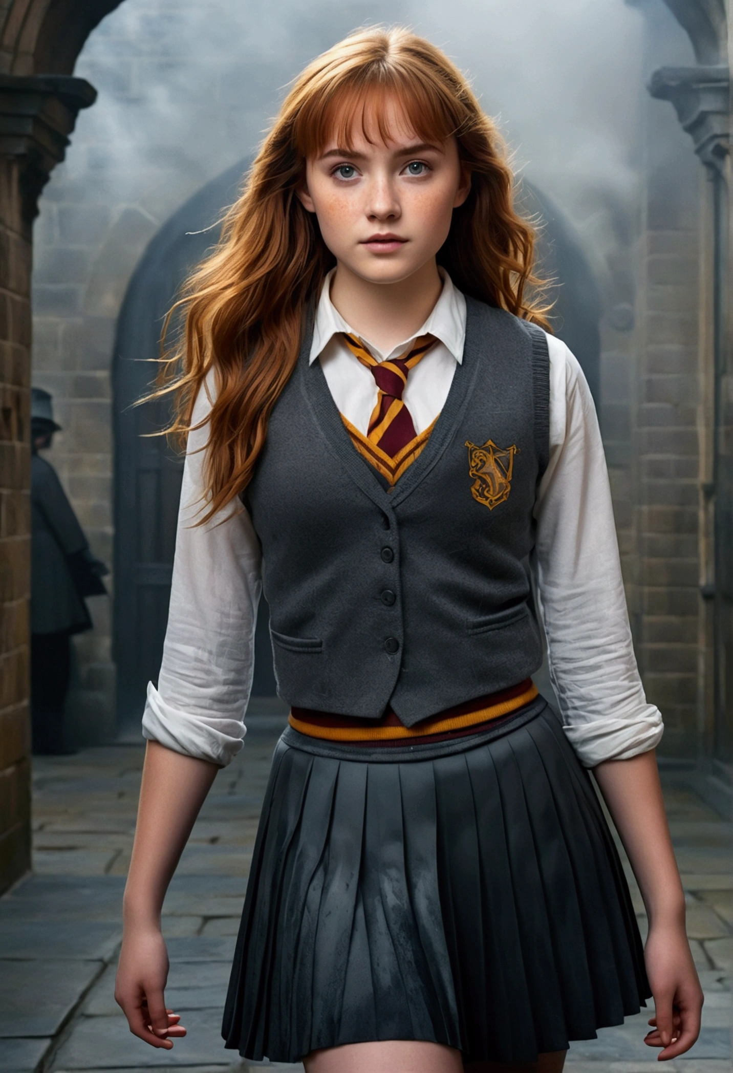 An illustrated movie poster, hand-drawn, full color, a teenage Hogwarts student, 18-years-old, female, wearing a charcoal vest and a pleated skirt, athletic hourglass figure, full wide hips, massive round butt, long shapely legs, ridiculously thick powerful thighs, vibrant eyes, deep dark auburn hair, thick shaggy bangs, flushed sun-kissed complexion, freckles, resembles Genevieve O'Reilly, standing in a foggy Hogwarts courtyard, surrounded by mist, graphite shading, stencil marks, airbrushed acrylic paint, masterpiece, close-up shot, in the style of the Deathly Hallows