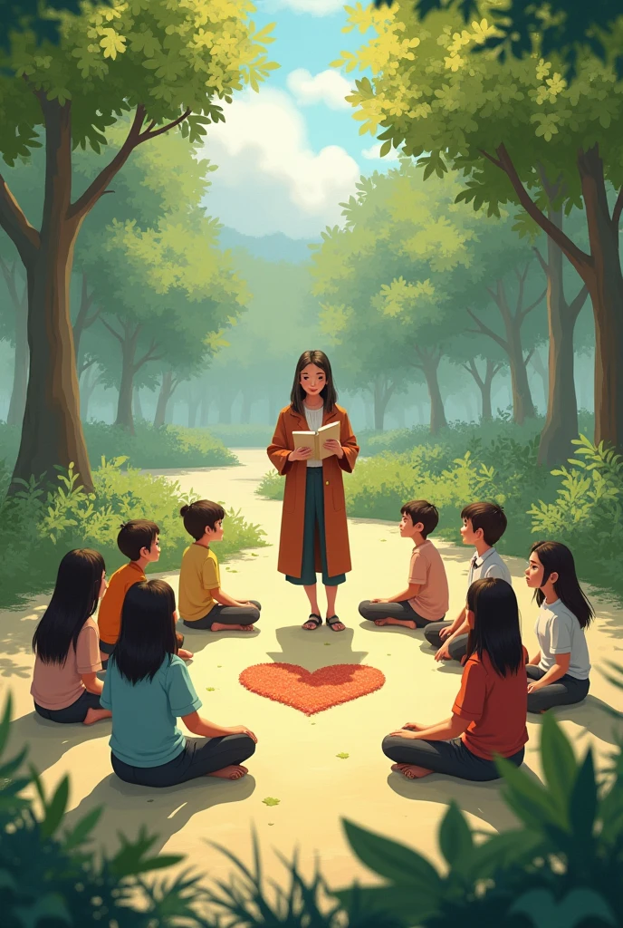 Teacher and students watching classes in the open air of a school sitting on the ground around a heart 
