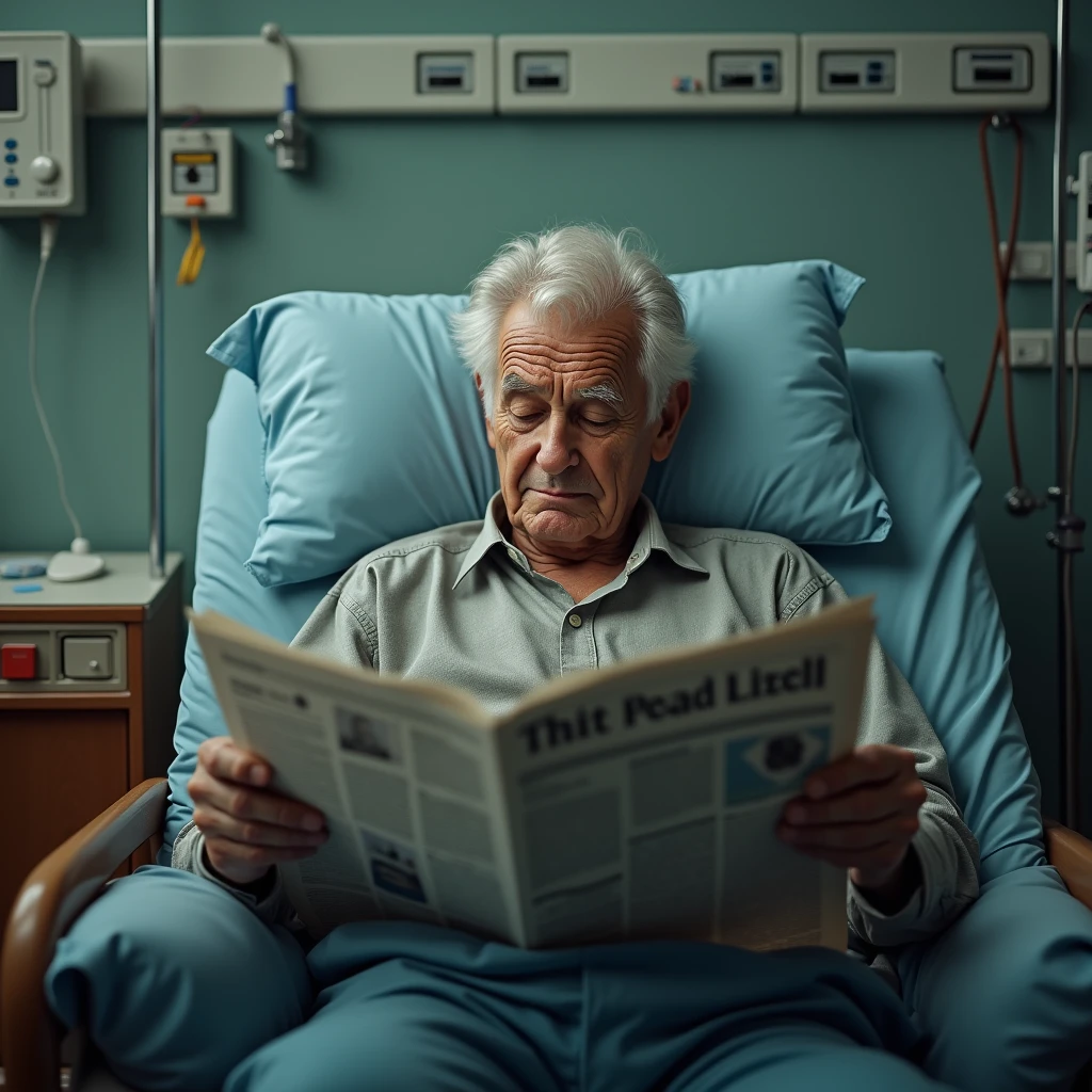 Grandpa reading newspaper in the hospital