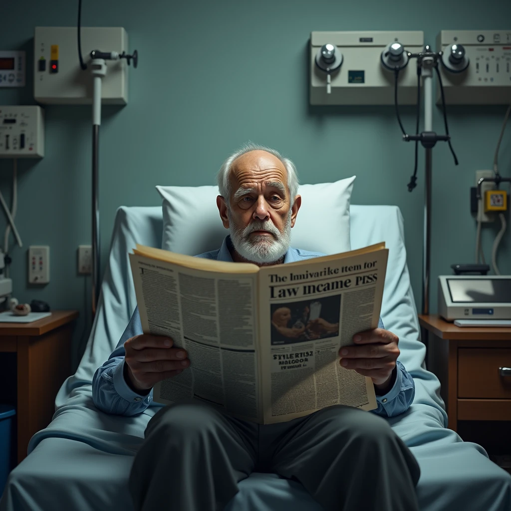 Grandpa reading newspaper in the hospital