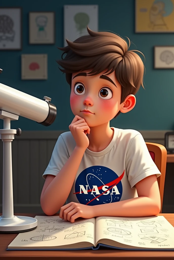  Generate, A boy sitting on a chair. He's wearing a t-shirt which is named NASA. front of him we can see white telescope and room wall is covered by Psychology photos . On his table we can see there is s Book named as Psychology and some rough sheets which are filled with Mathameticl concepts like Algebra and trigonometry. He is thinking about something. A pen in his hand. His face expression is thinking deeply about something.