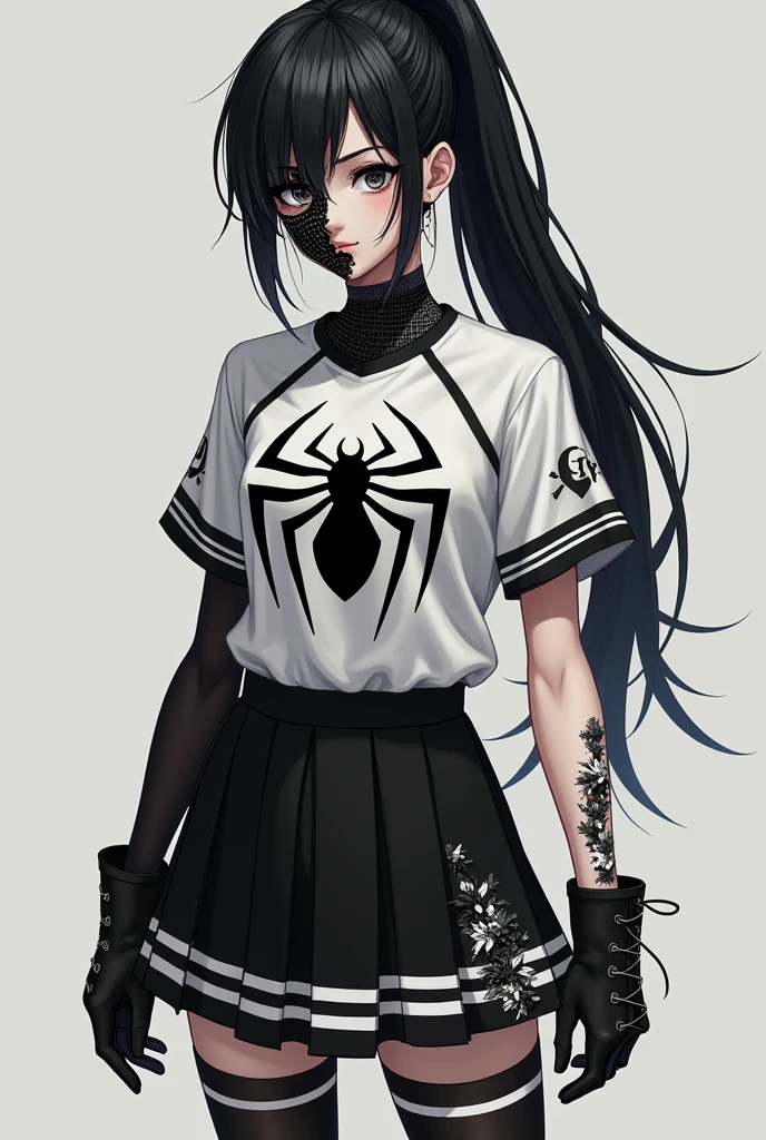 A girl with half her face in Venom makeup, with a ponytail in her black hair, wearing a short-sleeved blouse with a Venom spider in the center , and with a black skirt like from the Olympics with two white stripes , The stockings are below the knee in black and have two white stripes, and black military-style boots with black decorative confetti on the sides