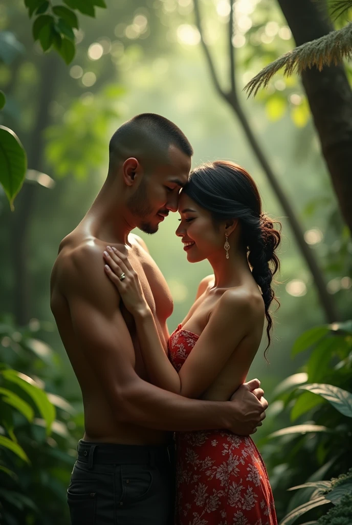 Create a realistic 4K HD Ai image
A 40 year old beautiful and cute filipino lady stand-up in the jungle and Man with buzz cut hair are hugging woman from behind romantic mood with kising style. and girl wear sarong