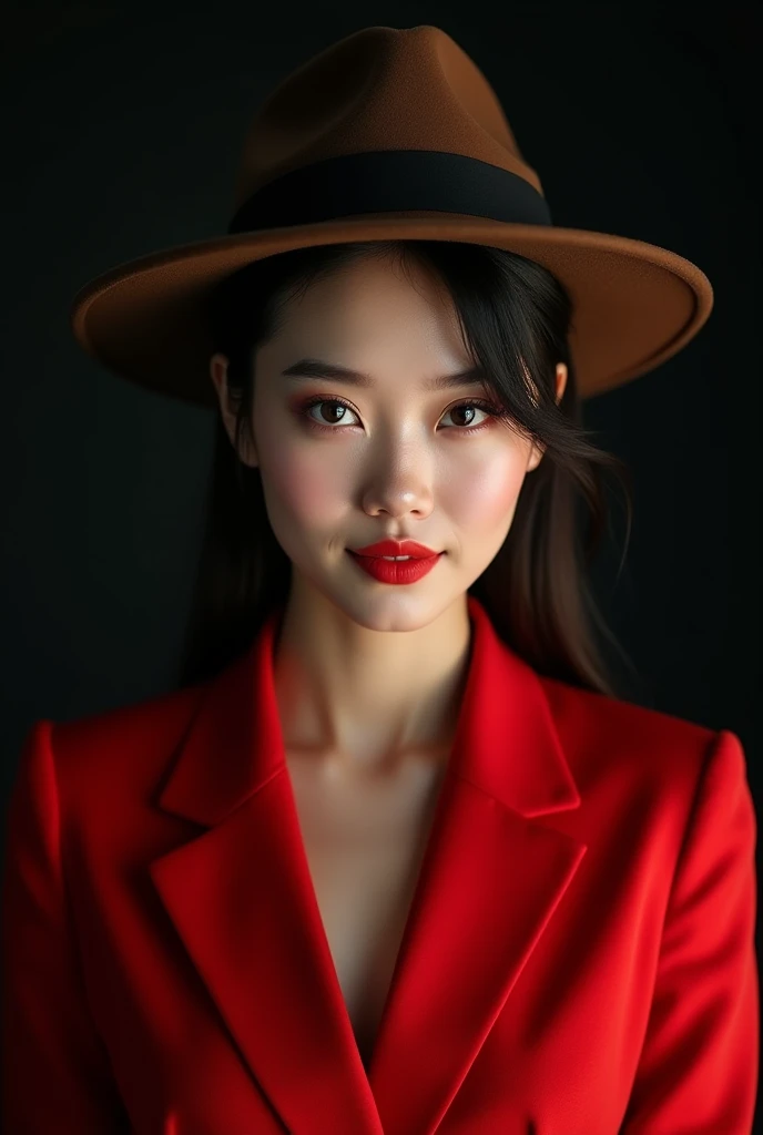 woman 20 years young, Thai, face closeup, makeup, red blazers, hat, big breast, dynamic pose for photoshoot, hard shadows portrait dark, highres, high quality, high resolution, hd, 4k, masterpiece, realistic,