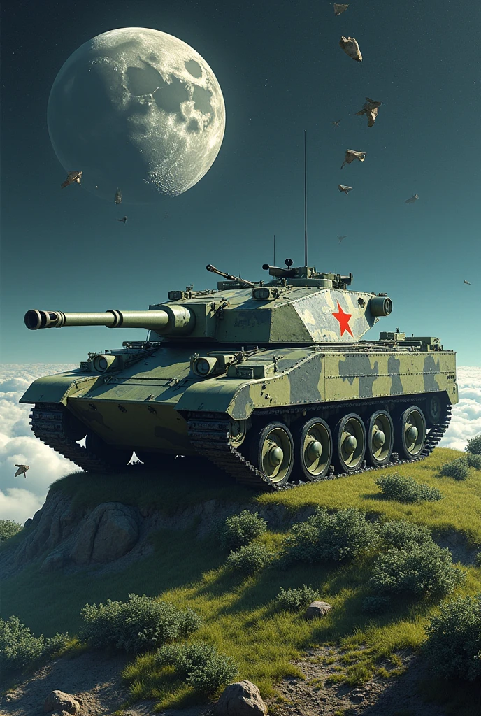create a war tank with the model of object 279e camouflaged on a mountain suspended in space and the mountain full of green grass and bushes and in the background the silver moon with half destroyed and the pieces scattered the image with high quality and high relief