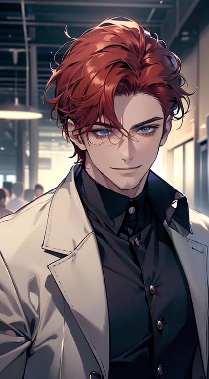 (best quality, masterpiece, 8K, photorealistic, cinematic lighting, 1:4 hdr image, ultra detailed, beautiful image), a mature man, 25 years very handsome, ((cold expression smile in love)), short red hair, blue eyes, face perfect without mistakes, ((buttoning his jacket, CEO)), smile.