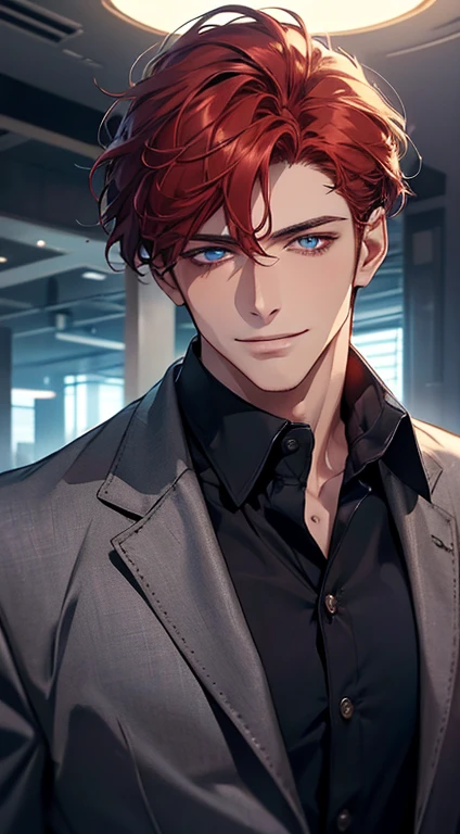 (best quality, masterpiece, 8K, photorealistic, cinematic lighting, 1:4 hdr image, ultra detailed, beautiful image), a mature man, 25 years very handsome, ((cold expression smile in love)), short red hair, blue eyes, face perfect without mistakes, ((buttoning his jacket, CEO)), smile.