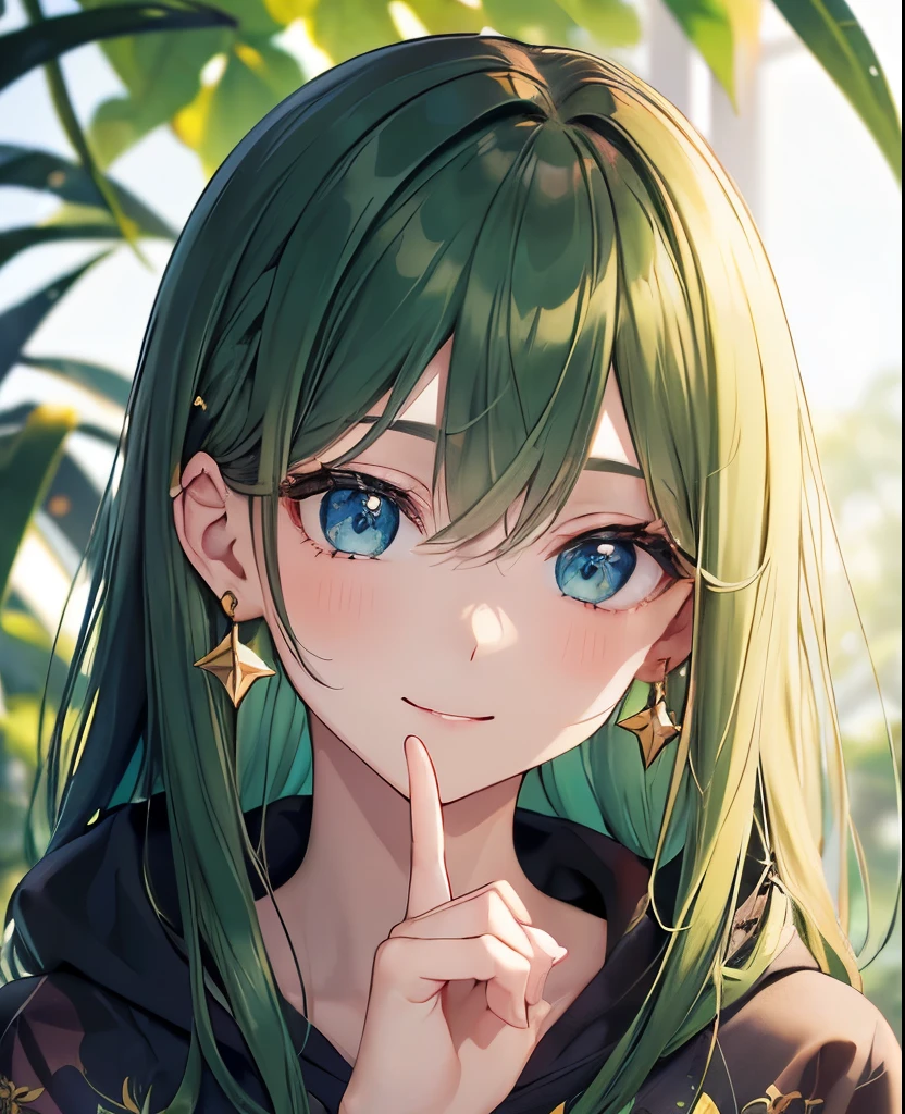 ((dark dark green hair color emphasis)), looking front, upper body shot, hands on head in rabbit pose, beautiful 5 fingers, 5 fingers, (dark dark green hair color emphasis), long straight hair, cute shaped round eyes (droopy), big blue eyes, kind and cute face, vermillion (Highlighted by dark green hair color), (Close mouth, smiling, big golden star earring, golden hair clip, sparkling eyes, aquarium, Focus on face, fresh smile, green floral print hoodie, (High quality, golden number 5 earring, blue eyes, close-up of face), small breasts, hands, shadowless background, high quality, Focus on face.