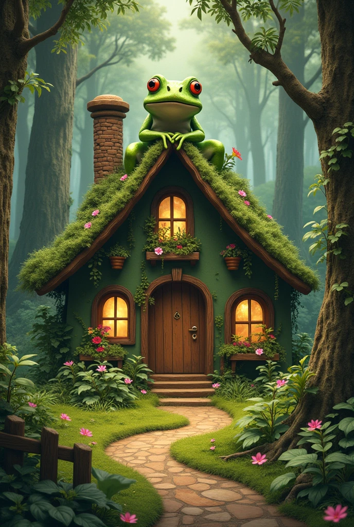 Retro Images，Storytelling，Ultra-realistic，high resolution，The house where the frog lives，The background is a retro forest house with a triangular roof，

