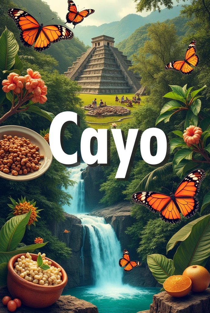 Generate images of Cayo Belize like food, Oxmul Coffee, Butterfly Farms, Poustina Land Art Park, 1,000 Foot Fall, Xunantunich put the name Cayo in the middle of the collage 