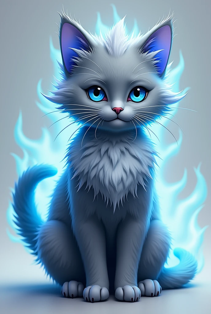 A cat with metallic gray Goku hair with a blue aura around its body