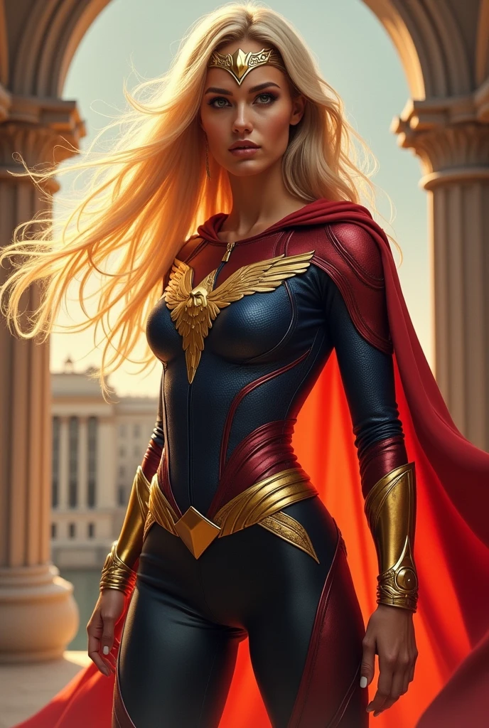 A beautiful woman with long blonde hair wearing a red and blue top with a yellow eagle-like emblem on her chest, black leggings, gold colored boots and bracelets, and a gold colored headband on her forehead.