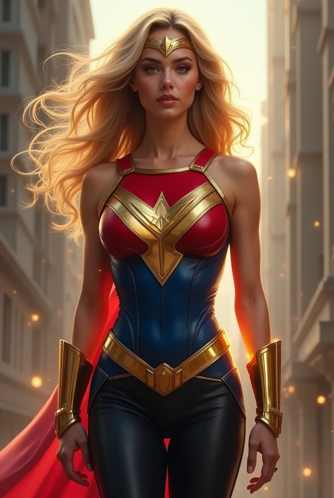 A beautiful woman with long blonde hair wearing a red and blue top with a yellow eagle-like emblem on her chest, black leggings, gold colored boots and bracelets, and a gold colored headband on her forehead. 