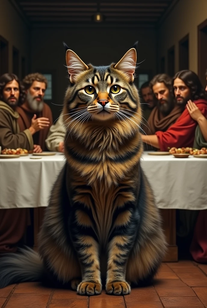 Black and brown gray tabby cat, long hair in artwork the last supper
