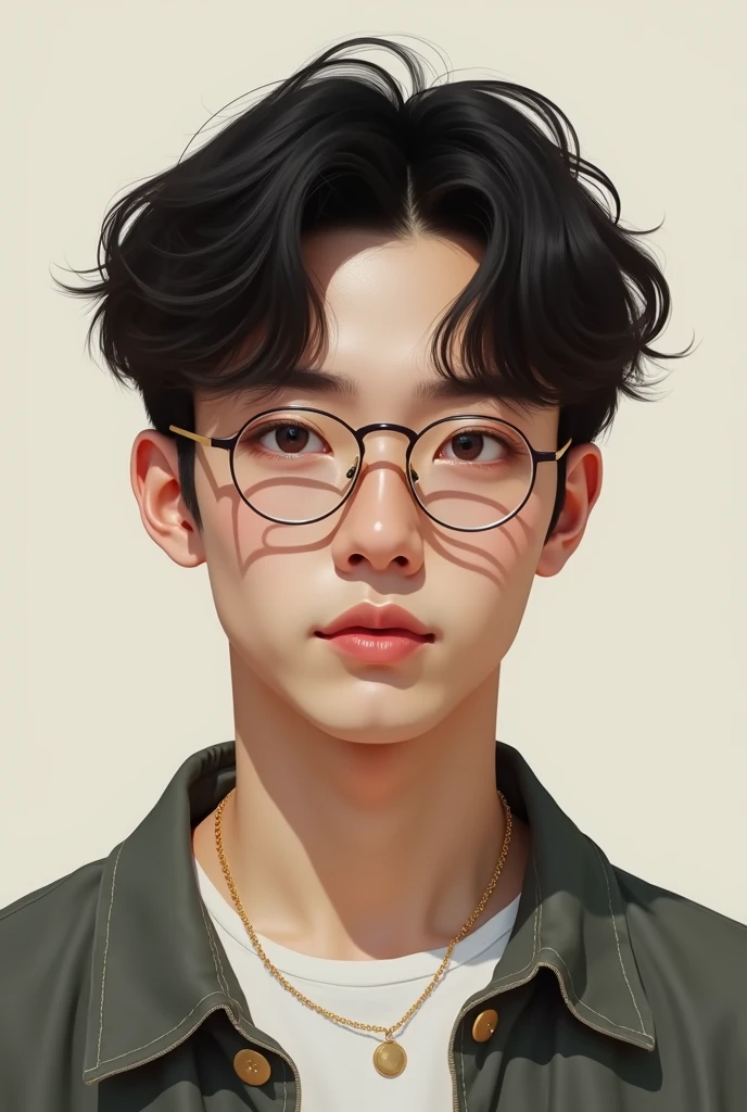 Realistic image of a boy who is around 20 years old, Caucasian skin, shorth hair (almost thin), slanted eyes as if he had Asian descent, and wear thin round glasses.