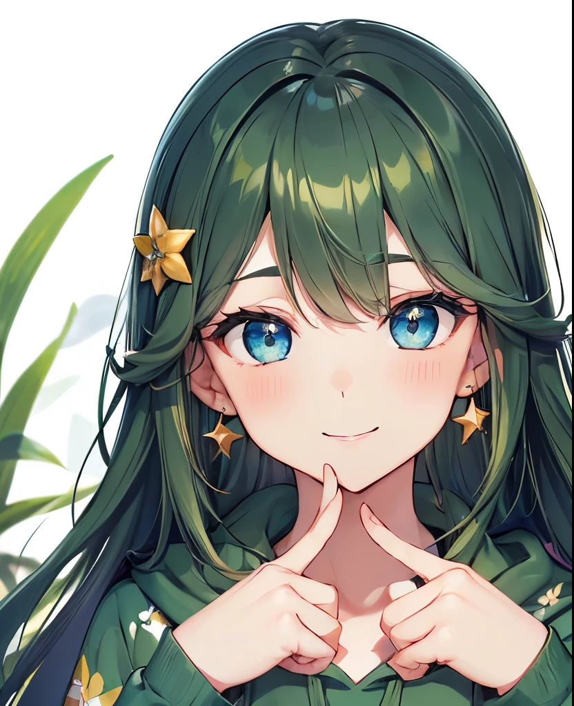 ((dark dark green hair color emphasis)), looking front, upper body shot, hands on head in rabbit pose, beautiful 5 fingers, 5 fingers, (dark dark green hair color emphasis), long straight hair, cute shaped round eyes (droopy), big blue eyes, kind and cute face, vermillion (Highlighted by dark green hair color), (Close mouth, smiling, big golden star earring, golden hair clip, sparkling eyes, aquarium, Focus on face, fresh smile, green floral print hoodie, (High quality, golden number 5 earring, blue eyes, close-up of face), small breasts, hands, shadowless background, high quality, Focus on face.