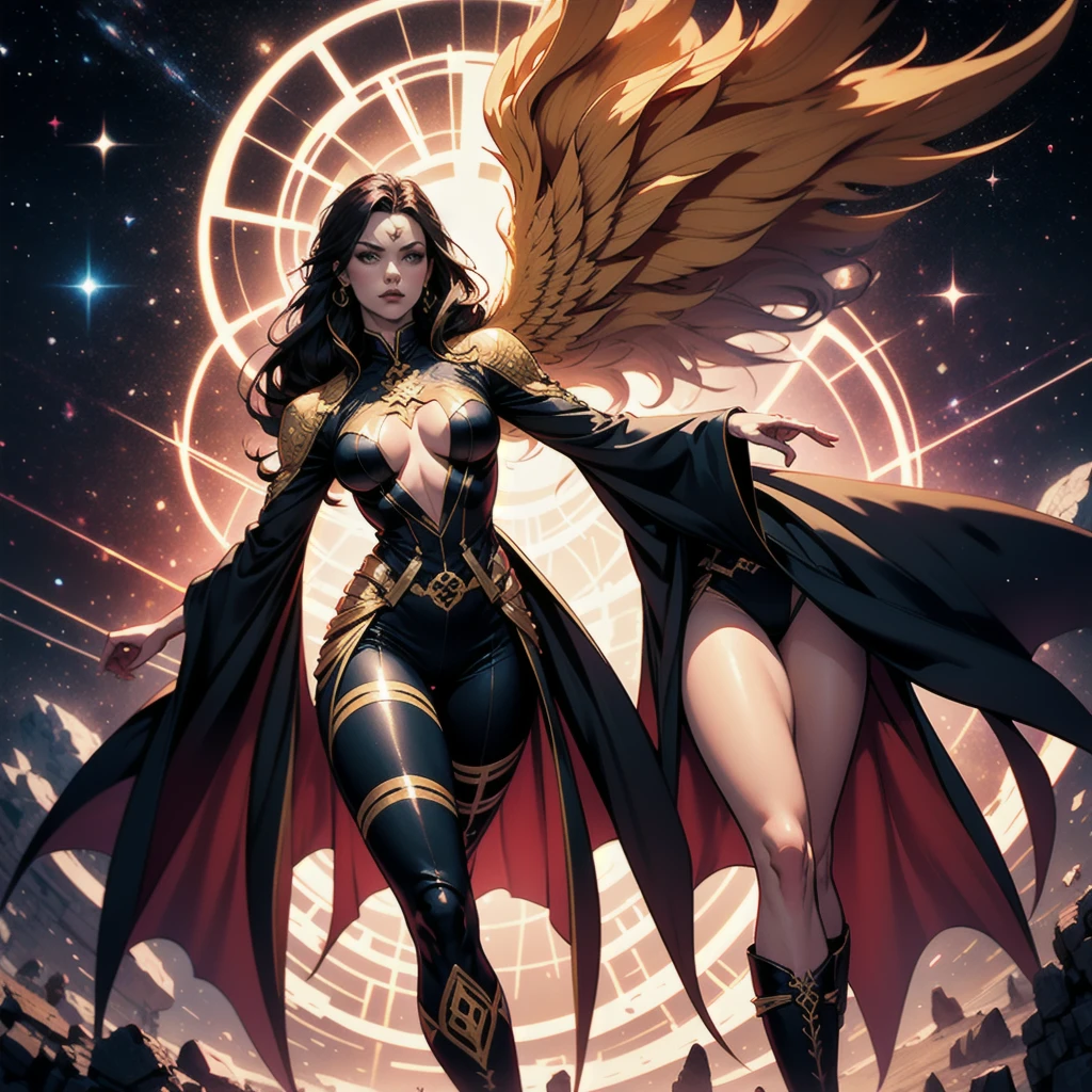 Jean Grey of X-men, high leg cut out uniform of black and gold, boob window in uniform, thighs showing, skin-tight calf-high boots withoit heel, (color mandala tattoos on thighs), color phoenix on chest, floating in space, arms out in power pose, 1 leg crossed in front of the other, dramatic cosmic background, moody lighting, 16k, best quality, masterpiece , (wide angle:1.27), full length portrait