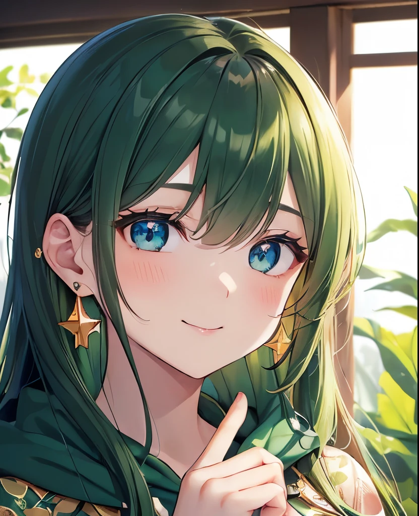 ((dark dark green hair color emphasis)), looking front, upper body shot, hands on head in rabbit pose, beautiful 5 fingers, 5 fingers, (dark dark green hair color emphasis), long straight hair, cute shaped round eyes (droopy), big blue eyes, kind and cute face, vermillion (Highlighted by dark green hair color), (Close mouth, smiling, big golden star earring, golden hair clip, sparkling eyes, aquarium, Focus on face, fresh smile, green floral print hoodie, (High quality, golden number 5 earring, blue eyes, close-up of face), small breasts, hands, shadowless background, high quality, Focus on face.