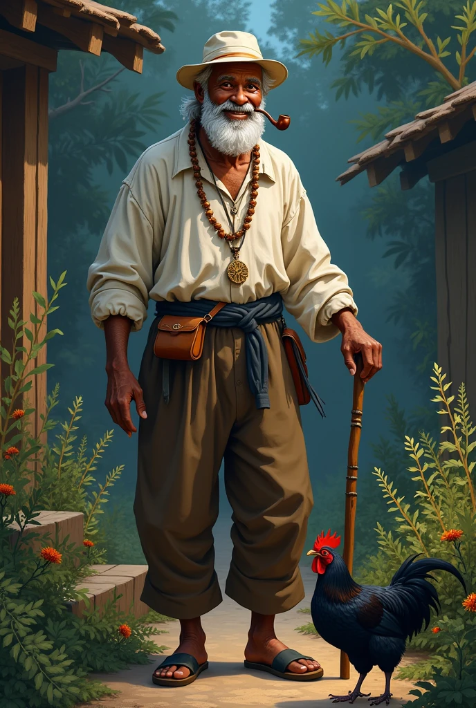 A 90-year-old black man of African descent, a little hunchbacked, tall and strong,wearing brown pants and a starched white shirt, barba, White hat, walking stick, pipe in hand, Grinning, rosary around the neck, in the background a wooden house and many medicinal herbs, twilight and a black rooster on the ground, epicrealism