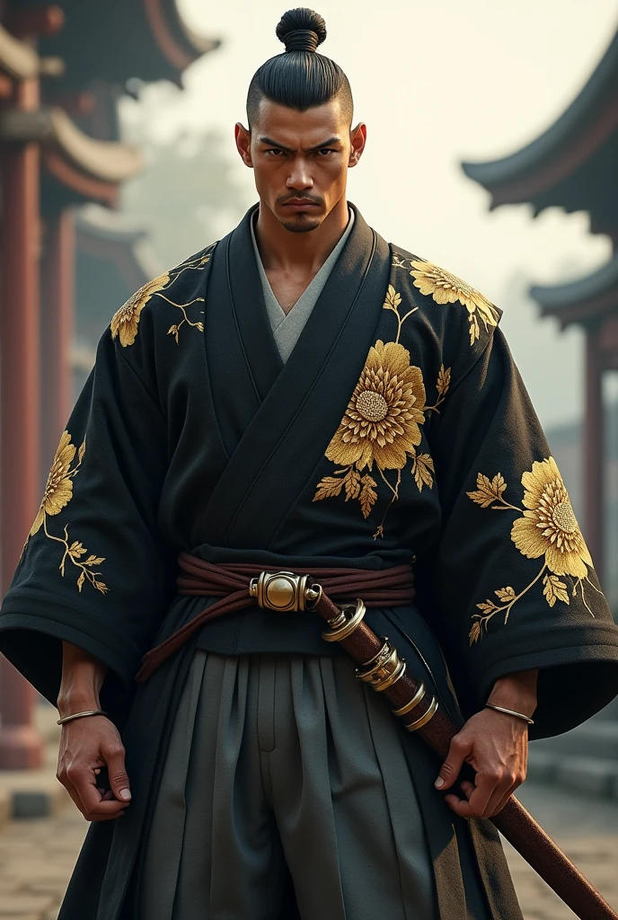  A man with a square jaw, piercing eyes, and a close-cropped haircut.  
   **Hakama Design**: A gray *hakama* with a black *kimono* featuring golden peony patterns.