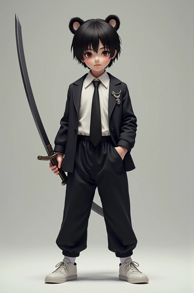 white shirt, black tie, jacket, black pajama pants, white shoes, bear ears, holding sword, black hair, boy