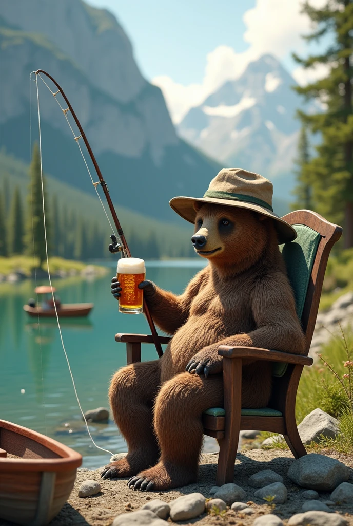 A fishing bear with his fishing rod, well defined:1.3, sitting on a chair by a river, holding a fishing rod, drinking a beer, wearing a bucket hat, boat nearby, surrounded by a forest and rocks, extremely detailed, funny, satirical surreal scene.