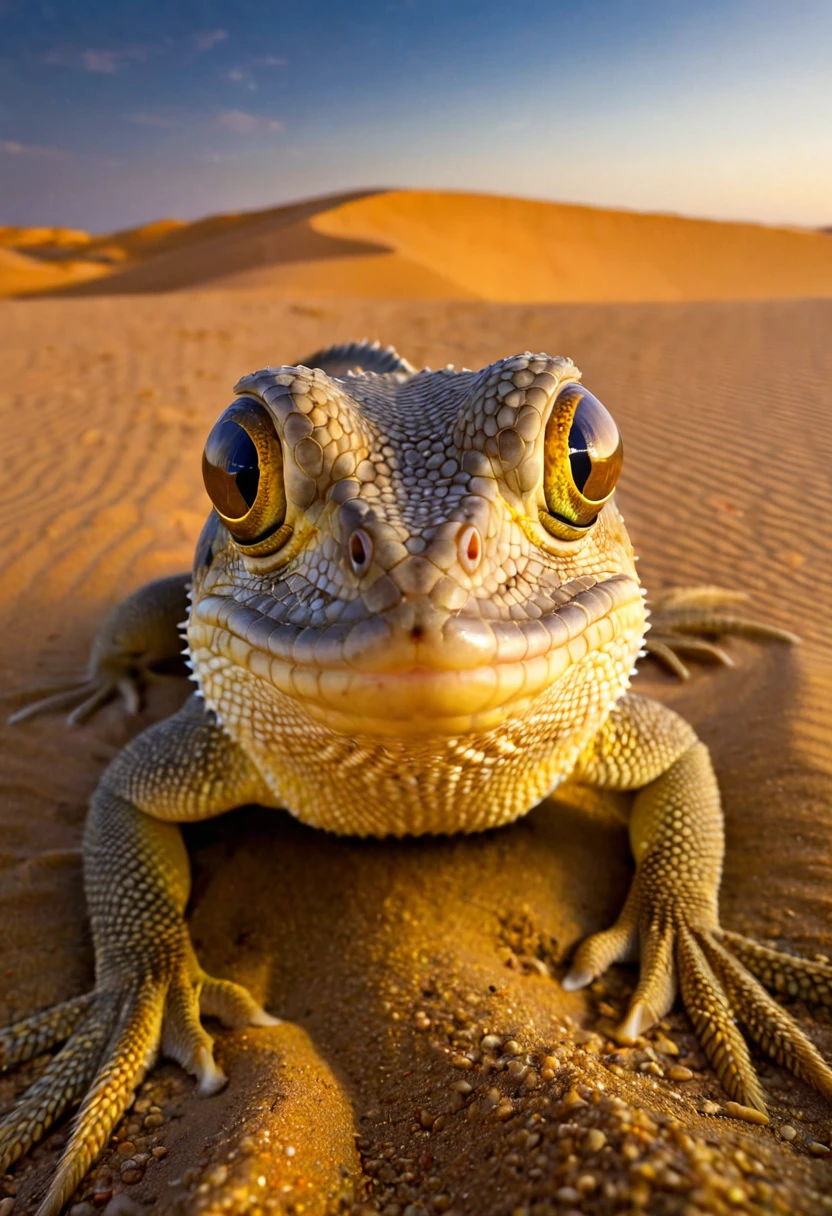 A lizard that lives in the Sahara Desert, the "sandfish", the desert at dawn, the dawn sky reflected in the sandfish's large eyes, the sandfish licks its eyeballs with its tongue to hydrate, the dim desert, the dawn sunlight shining in, the sky has a beautiful gradation, the beauty of nature, deep shadows, perfect lighting, perfect camerawork, focusing on the sandfish's eyes, depicting details, high definition and realism,