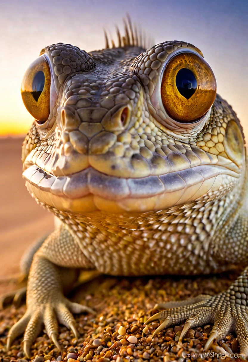 A lizard that lives in the Sahara Desert, the "sandfish", the desert at dawn, the dawn sky reflected in the sandfish's large eyes, the sandfish licks its eyeballs with its tongue to hydrate, the dim desert, the dawn sunlight shining in, the sky has a beautiful gradation, the beauty of nature, deep shadows, perfect lighting, perfect camerawork, focusing on the sandfish's eyes, depicting details, high definition and realism,