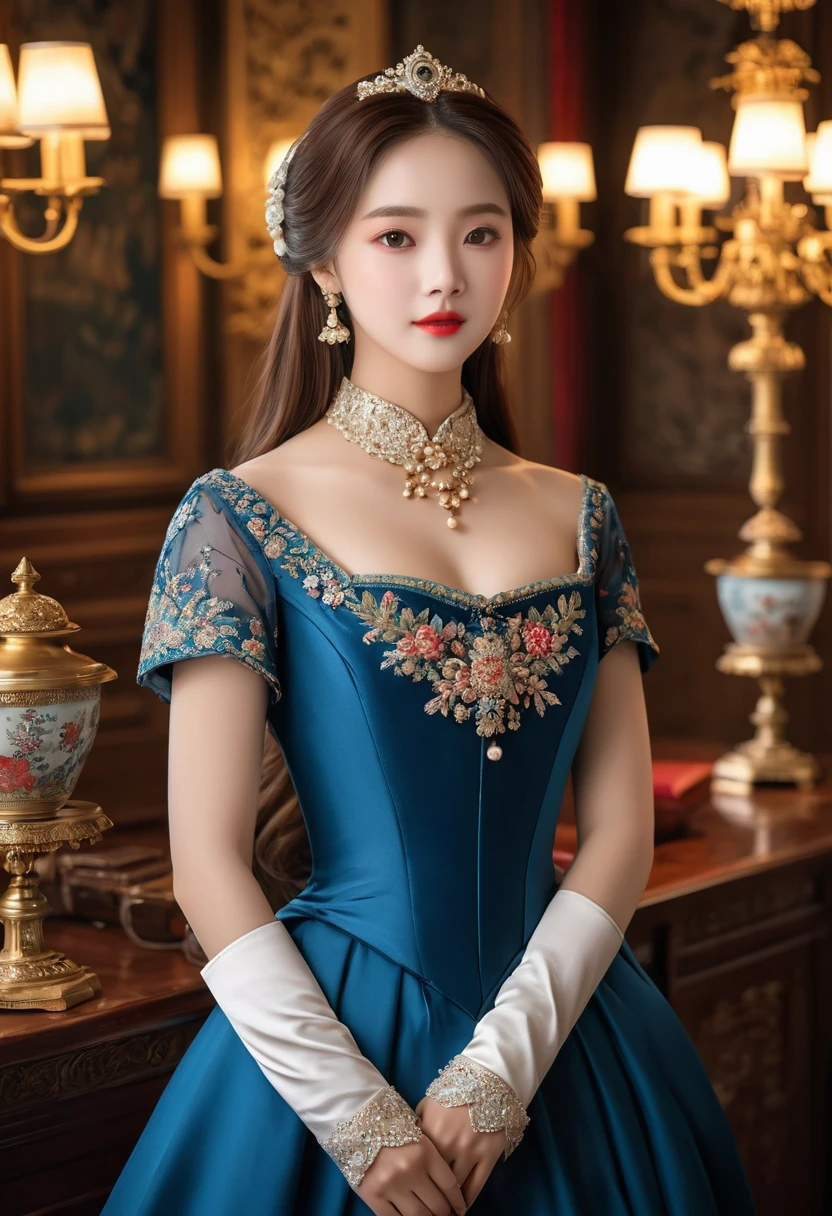 (best quality,4K,8K,high resolution,masterpiece:1.2),Extremely detailed,(Practical,photoPractical,photo-Practical:1.37),portrait,,Pastel,personalized masterpiece,18th century,Russian,noble,girl,noble Daughter,,Extremely beautiful,Face,Has dark blue eyes,Delicate nose,Sweet mouth,Porcelain skin,红扑扑的Face,Flowing long hair,Silk dress,Elegant Posture,Fine Jewelry,Embroidered lace collar,Grand Background,Rich interior,Faint golden light