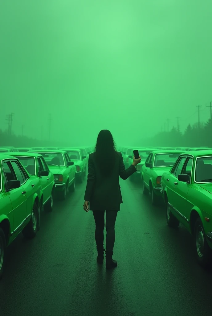 A woman in the middle of a highway with a cell phone in her hand and around her more than 30 green cars with their doors open