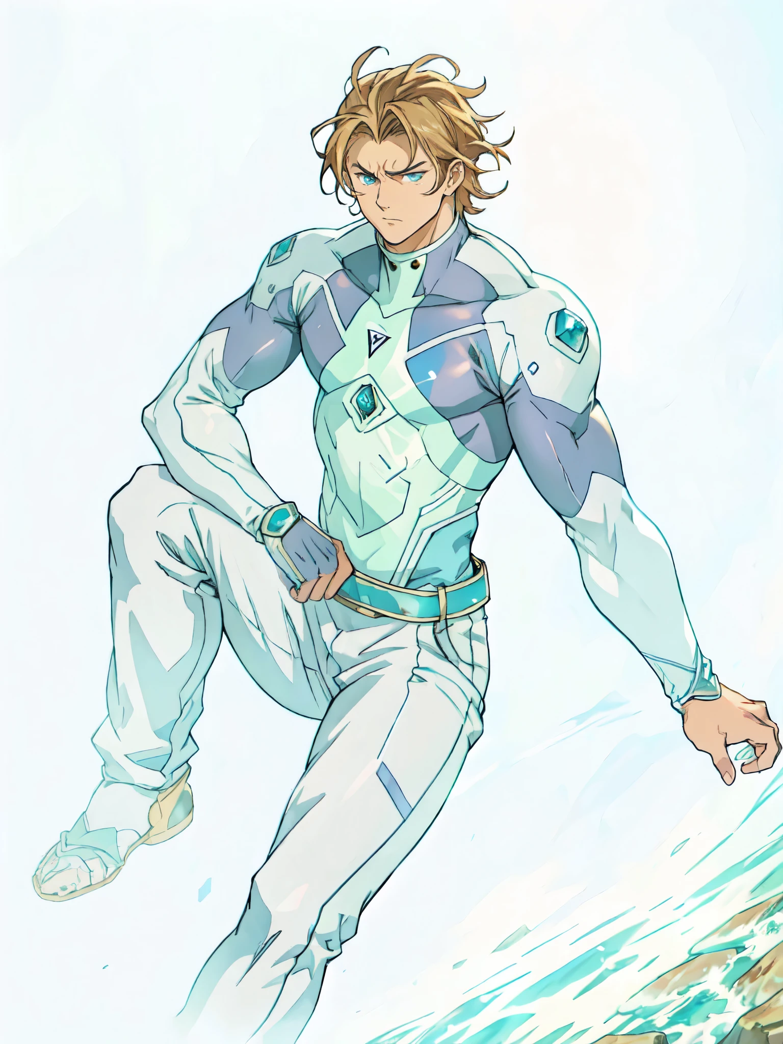 (masterpiece:1.2, best quality:1.2, extremely delicate:1.2), ((male:1.5)), a mature man with short, slightly curly brown hair, a well-defined face, intense eyes, a thoughtful expression, brown skin, tall and athletic build, a futuristic fantasy-style blue and black short-sleeved tight-fitting wetsuit, matching trousers, wrist guards, he sits leisurely on a seaside rock, this character embodies a finely crafted futuristic fantasy-style swimmer in anime style, exquisite and mature manga art style, dramatic, high definition, highres, ultra-detailed, ultra-fine painting, professional, perfect body proportions, golden ratio, anatomically correct, symmetrical face, extremely detailed eyes and face, high quality eyes, creativity, RAW photo, UHD, 32k, Natural light, cinematic lighting, (masterpiece-anatomy-perfect:1.2)