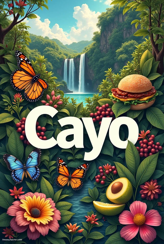 Generate images of Cayo Belize like food, Oxmul Coffee, Butterfly Farms, Poustina Land Art Park, 1,000 Foot Fall, Xunantunich put the name Cayo in the middle of the collage 
