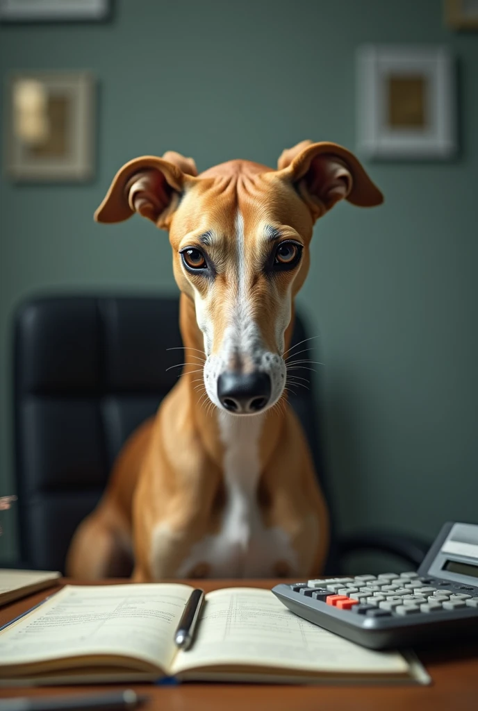 Stressed greyhound breed dog in accountant style