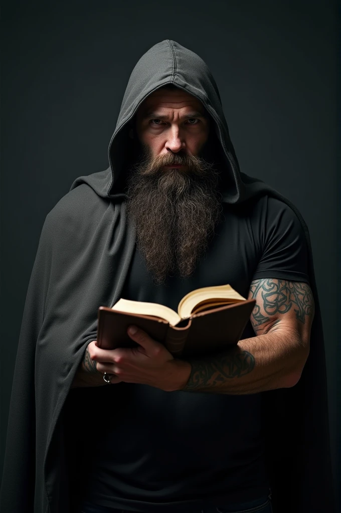 Frontal photo of a mysterious muscular man with a large beard and hooded in a dark environment holding a Bible