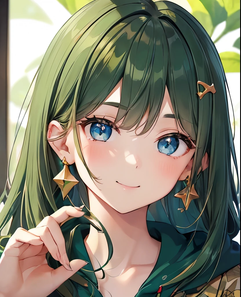 ((dark dark green hair color emphasis)), looking front, upper body shot, hands on head in rabbit pose, beautiful 5 fingers, 5 fingers, (dark dark green hair color emphasis), long straight hair, cute shaped round eyes (droopy), big blue eyes, kind and cute face, vermillion (Highlighted by dark green hair color), (Close mouth, smiling, big golden star earring, golden hair clip, sparkling eyes, aquarium, Focus on face, fresh smile, green floral print hoodie, (High quality, golden number 5 earring, blue eyes, close-up of face), small breasts, hands, shadowless background, high quality, Focus on face.