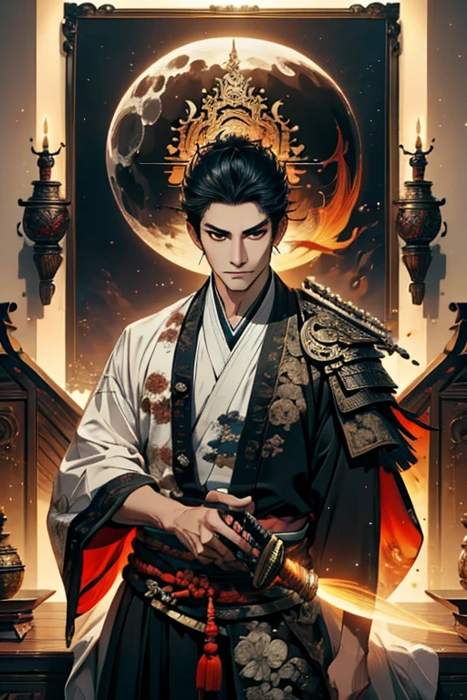 A guy ready to draw sword and with a wolf in front of full moon, samurai, concept art by Yang J, fantasy art, alena aenami and artgerm, artgerm and atey ghailan, by ruan jia and stanley artgerm, artgerm and ruan jia, ross tran 8 k, ross tran and wlop, Cosmology, (detail), (autofocus),