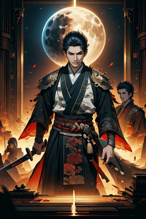 A guy ready to draw sword and with a wolf in front of full moon, samurai, concept art by Yang J, fantasy art, alena aenami and artgerm, artgerm and atey ghailan, by ruan jia and stanley artgerm, artgerm and ruan jia, ross tran 8 k, ross tran and wlop, Cosmology, (detail), (autofocus),