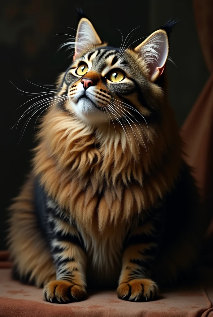 Black and brown gray tabby cat, long hair like Jesus in the work of art The Last Supper