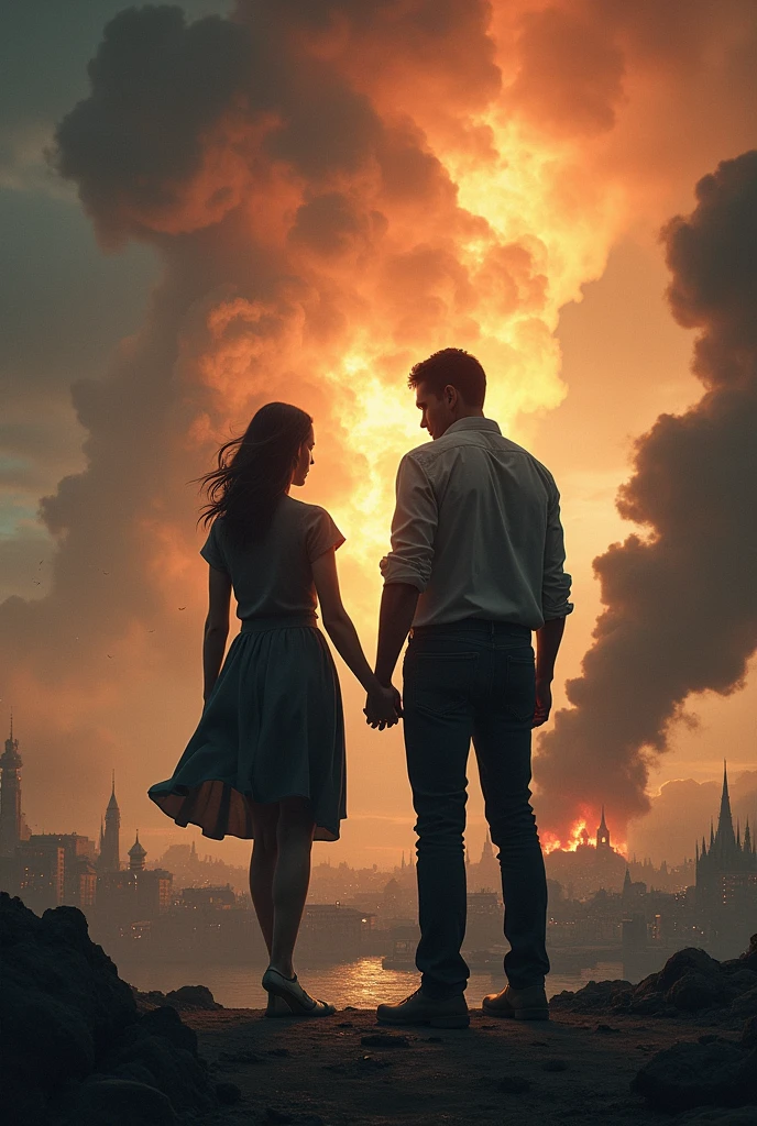 Create a realistic image of a book cover, where a couple finds themselves in the midst of a global catastrophe